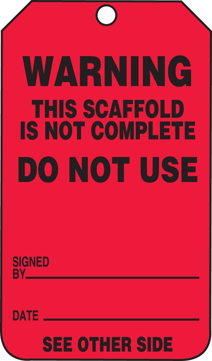 Accuform TRS322CTP Scaffold Status Tag, Legend Warning This Scaffold is NOT Complete - DO NOT USE, 5.75" Length x 3.25" Width x 0.010" Thickness, PF-Cardstock, Black on Red (Pack of 25)